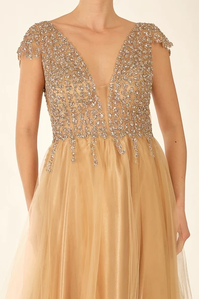 Favore Kadın Taşlı Tül Detaylı Abiye Elbise 2422033 - Resim 11