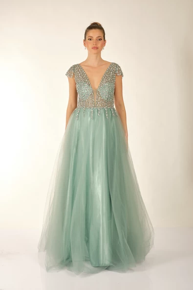 Favore Kadın Taşlı Tül Detaylı Abiye Elbise 2422033 - Resim 4