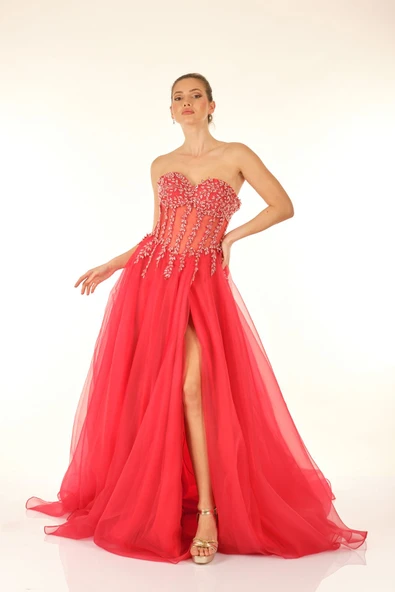 Favore Straplez Maxi Abiye Elbise - Şifon, Nakış Detaylı, Özel Günler - 8