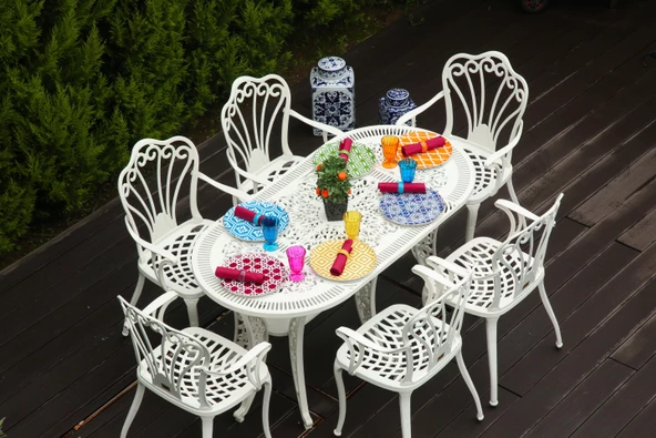 Ferforje görünümlü Plastik Oval İstanbul Masa Sandalye Takımı 1 Masa 6 Sandalye Balkon, Bahçe Mobilyası