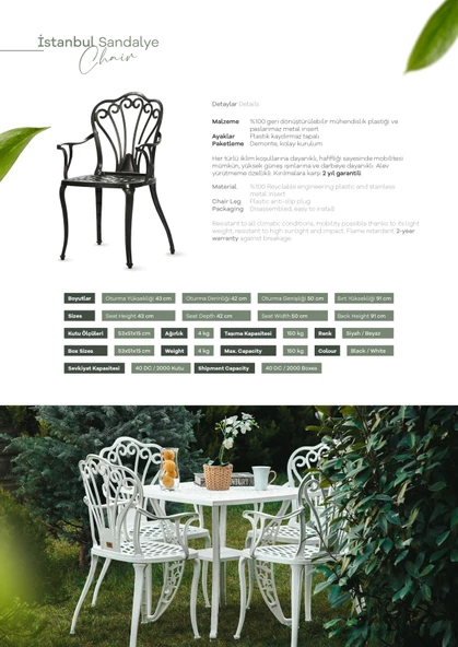 Ferforje görünümlü Plastik Oval İstanbul Masa Sandalye Takımı 1 Masa 6 Sandalye Balkon, Bahçe Mobilyası - 12