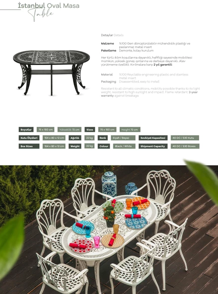 Ferforje görünümlü Plastik Oval İstanbul Masa Sandalye Takımı 1 Masa 6 Sandalye Balkon, Bahçe Mobilyası - 10