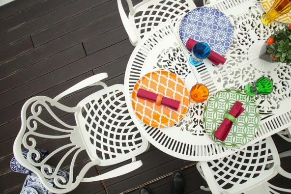 Ferforje görünümlü Plastik Oval İstanbul Masa Sandalye Takımı 1 Masa 6 Sandalye Balkon, Bahçe Mobilyası - 8