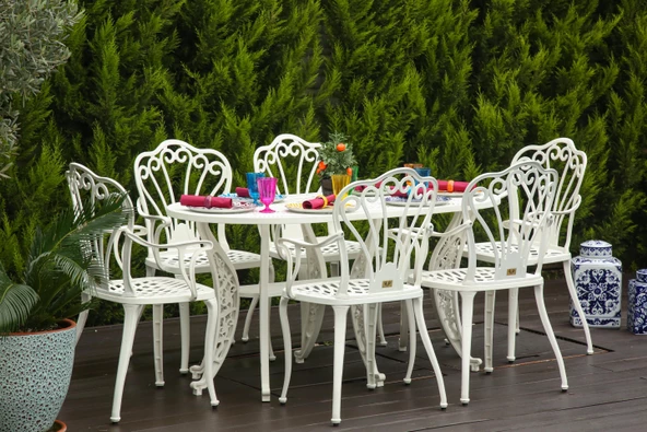 Ferforje görünümlü Plastik Oval İstanbul Masa Sandalye Takımı 1 Masa 6 Sandalye Balkon, Bahçe Mobilyası - 7