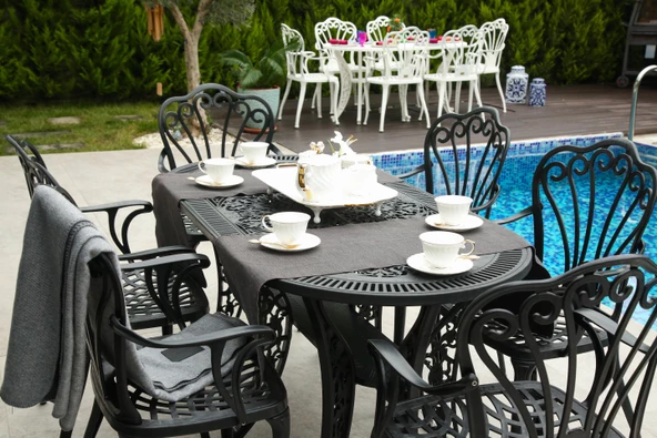 Ferforje görünümlü Plastik Oval İstanbul Masa Sandalye Takımı 1 Masa 6 Sandalye Balkon, Bahçe Mobilyası - 3