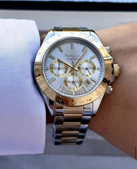 Ferrucci Erkek Fonksiyonlu Metal Kordon Kol Saati  Gold Gümüş - Resim 2
