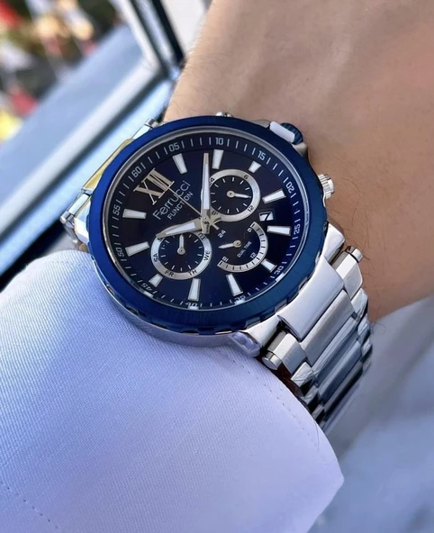 Ferrucci Erkek Fonksiyonlu Metal Kordon Kol Saati  Gümüş Lacivert ürün görseli 1