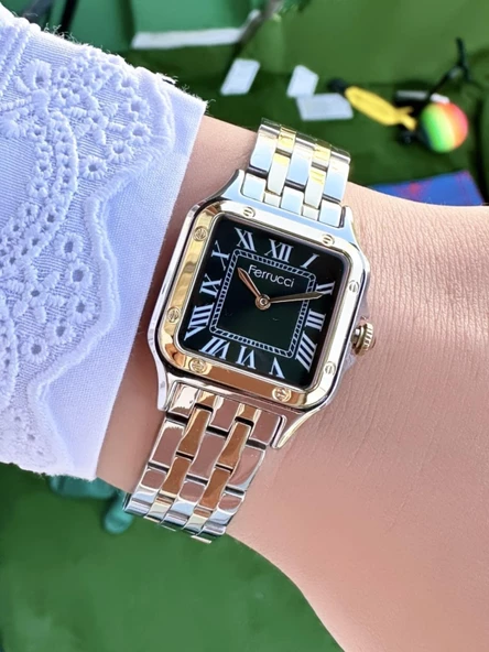 Ferrucci Vintage Kare Minimal Kadın Kol Saati  Altın Siyah