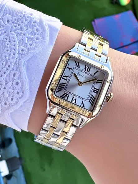 Ferrucci Vintage Kare Minimal Kadın Kol Saati  Gümüş Altın