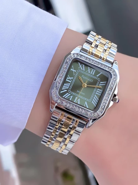 Ferrucci Kare Vintage Kadın Metal Kordon Kol Saati  Gümüş Altın