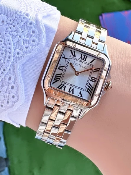 Ferrucci Vintage Kare Minimal Kadın Kol Saati  Gümüş Turuncu - 4