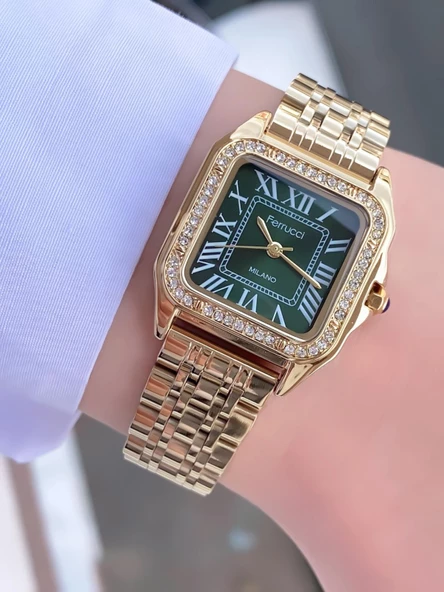 Ferrucci Kare Vintage Kadın Metal Kordon Kol Saati  Gold Yeşil ürün görseli 1