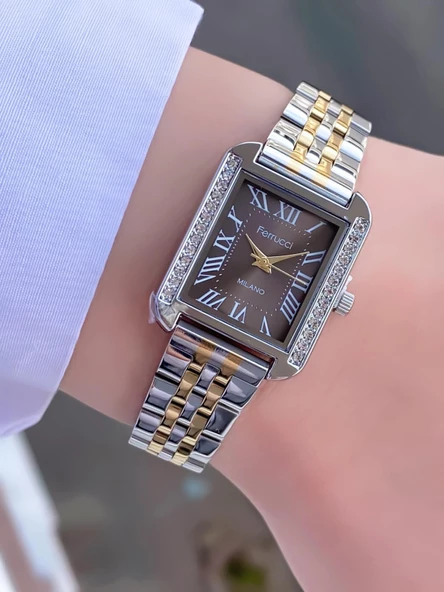 Ferrucci Dikdörtgen Vintage Kadın Metal Kordon Kol Saati  Gümüş Altın