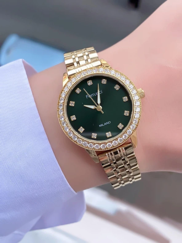 Ferrucci Kadın Metal Kordon Kol Saati  Gold Yeşil - Resim 2