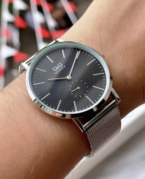 Q&Q Erkek Hasır Kordon Kol Saatİ  Gümüş Siyah ürün görseli 1