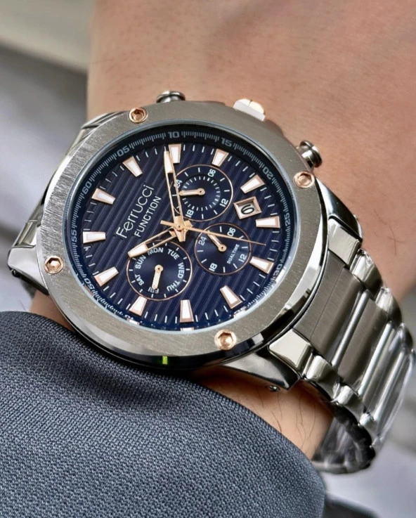 Ferrucci Erkek Fonksiyonlu Metal Kordon Kol Saati  Gümüş Lacivert ürün görseli 1