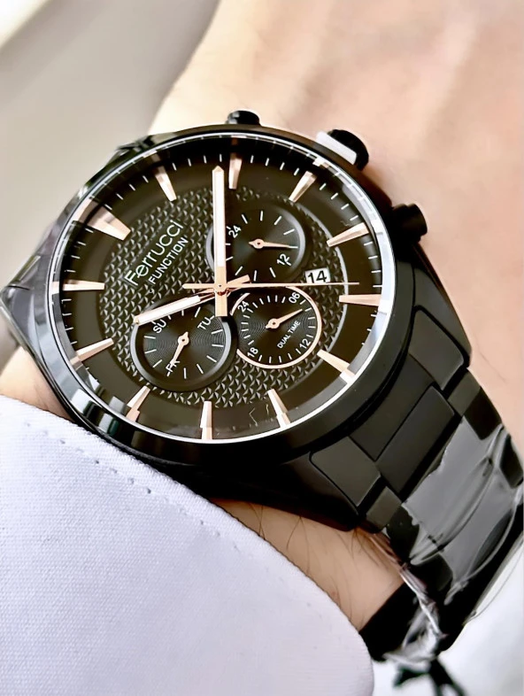 Ferrucci Erkek Fonksiyonlu Metal Kordon Kol Saati  Siyah