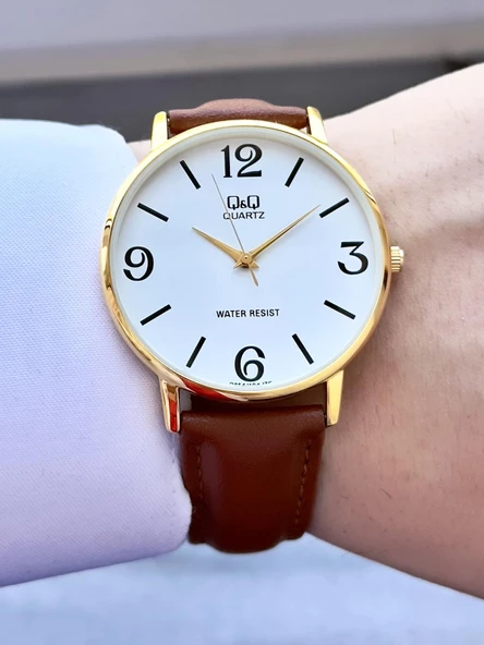 Q&Q Erkek Deri Kordon Kol Saati  Açık Kahve - Resim 2