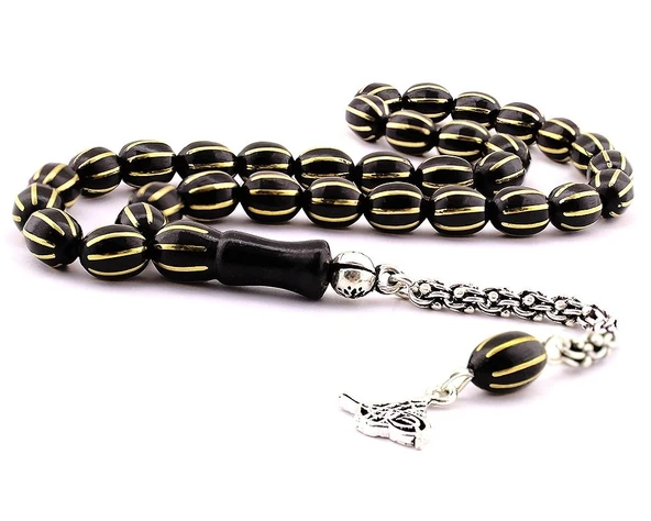 Sarı Pirinç İşlemeli Karpuz Dilim Gümüş Püsküllü Oltu Tesbih ürün görseli 1