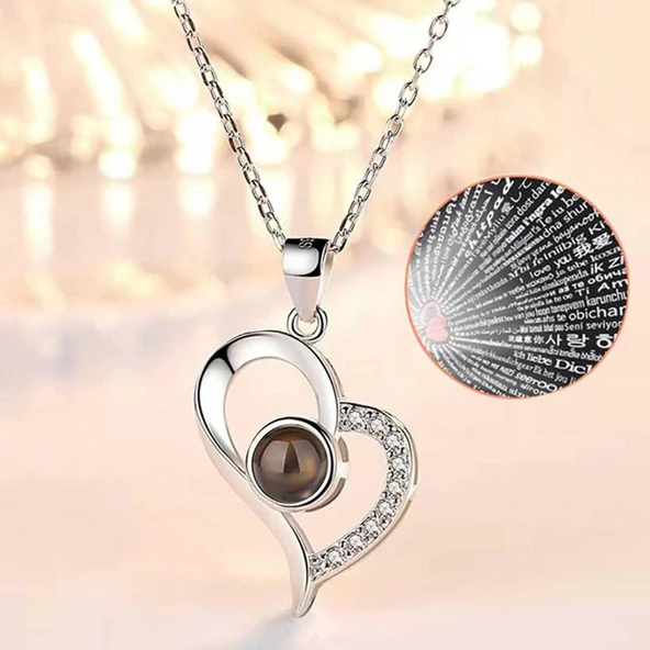 Projeksiyon 100 Dilde Seni Seviyorum Gümüş Kolye - 3