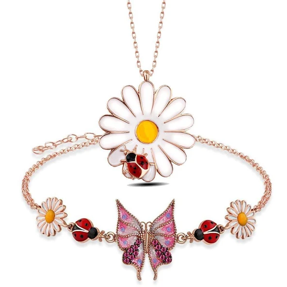 925 Ayar Gümüş Papatya Uğur Böceği Kelebek Kolye Bileklik Seti