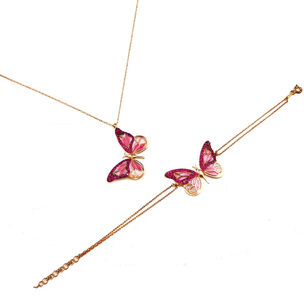 Zirkon Taşlı 925 Ayar Gümüş Mavi Kelebek Bileklik & Kolye Seti - 3