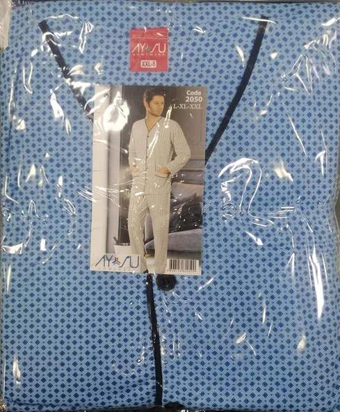 Aysu 2050 Önden Bütün Düğmeli Erkek Penye Uzun Kol Pijama Takımı - 3