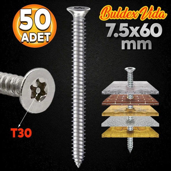 Buldex Vida 7.5x60 mm 50 ADET Sivri Uçlu Dübelsiz Beton Vidası Tork Duvar Vidası Buldeks