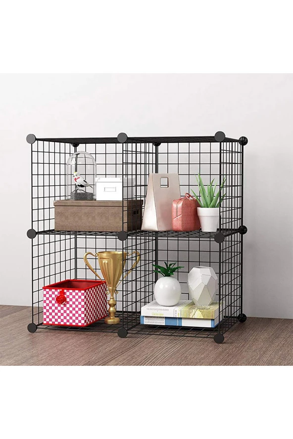 4 Bölmeli Tel Küp Çok Amaçlı Organizer Raf Siyah 33cm Mutfak, Oyuncak, Kiler, Depolama Rafı