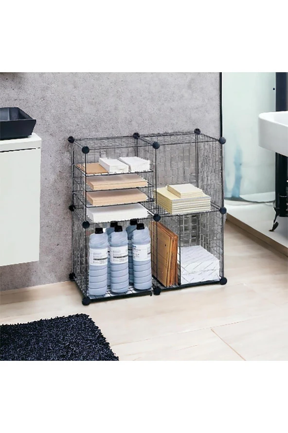 4 Bölmeli Tel Küp Çok Amaçlı Organizer Raf Siyah 33cm Mutfak, Oyuncak, Kiler, Depolama Rafı - 2