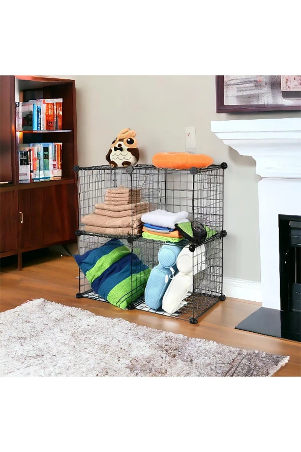 4 Bölmeli Tel Küp Çok Amaçlı Organizer Raf Siyah 33cm Mutfak, Oyuncak, Kiler, Depolama Rafı - 4