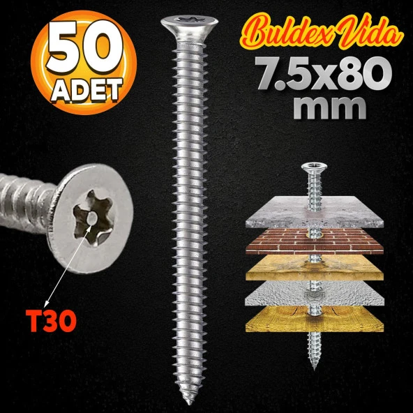 Buldex Vida 7.5x80 mm 50 ADET Sivri Uçlu Dübelsiz Beton Vidası Tork Duvar Vidası Buldeks