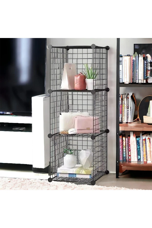 3 Bölmeli Tel Küp Çok Amaçlı Organizer Raf Siyah 33cm Mutfak, Oyuncak, Kiler, Depolama Rafı - 6