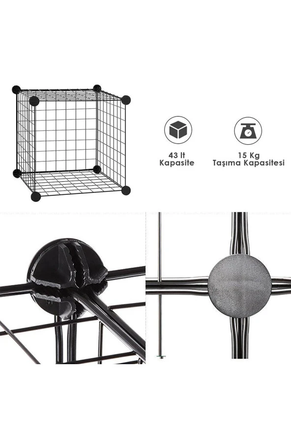 3 Bölmeli Tel Küp Çok Amaçlı Organizer Raf Siyah 33cm Mutfak, Oyuncak, Kiler, Depolama Rafı - 8