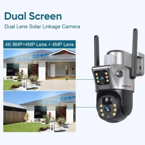 LS VİSİON 4K 8MP WiFi güneş kamera çift Lens çift ekran pil CCTV hareket algılama insan otomatik izleme gözetim kameraları
