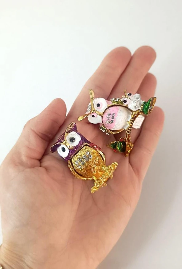 Mücevherat Takı Kutusu Baykuş Swaroski Taşlı 2 Adet Ev Dekorasyon Masa Süsü - 2