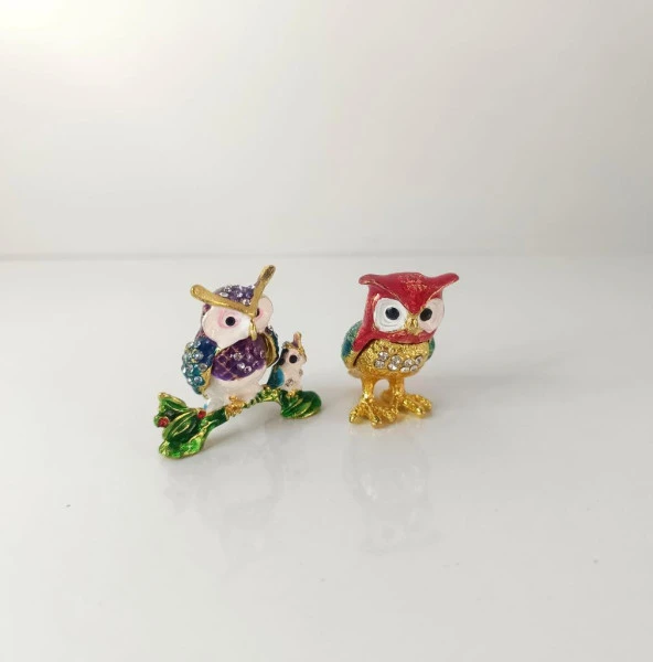 Mücevherat Takı Kutusu Baykuş Swaroski Taşlı 2 Adet Ev Dekorasyon Masa Süsü - 5