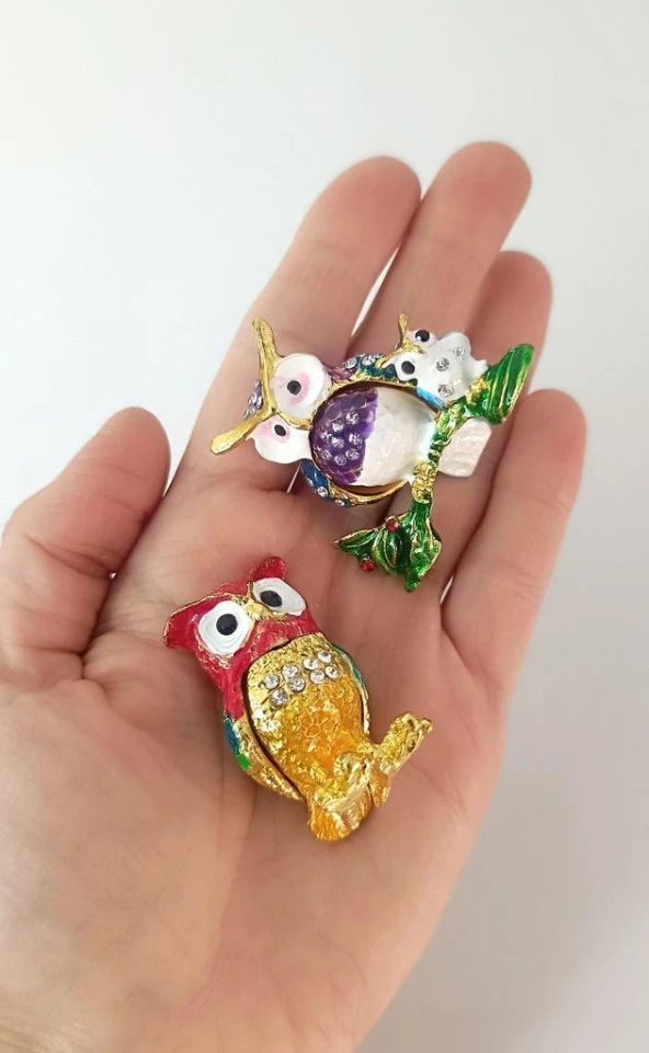 Mücevherat Takı Kutusu Baykuş Swaroski Taşlı 2 Adet Ev Dekorasyon Masa Süsü - 6