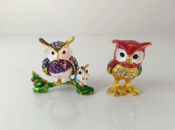Mücevherat Takı Kutusu Baykuş Swaroski Taşlı 2 Adet Ev Dekorasyon Masa Süsü - 7