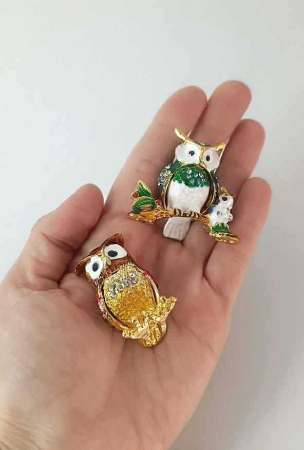 Mücevherat Takı Kutusu Baykuş Swaroski Taşlı 2 Adet Ev Dekorasyon Masa Süsü - 9