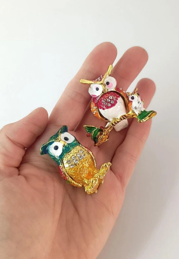 Mücevherat Takı Kutusu Baykuş Swaroski Taşlı 2 Adet Ev Dekorasyon Masa Süsü - 10