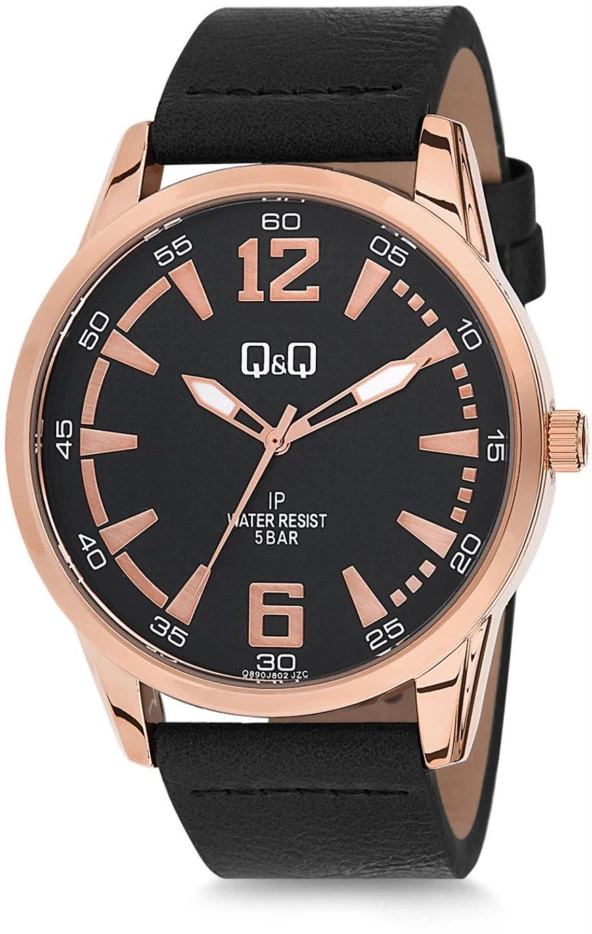 Q&Q Erkek Deri Kol Saati Q890  Siyah Rose