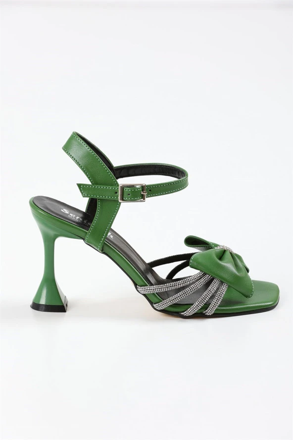 Adras Yeşil Cilt Kadın Topuklu Ayakkabı