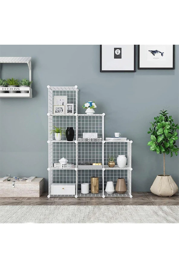 9 Bölmeli Tel Küp Çok Amaçlı Organizer Raf Beyaz 33cm Mutfak, Oyuncak, Kiler, Depolama Rafı - 3