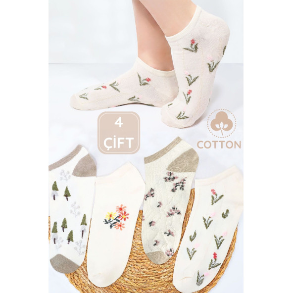 4 Çift Kadın Çorap (Trend) Desenli Kısa Patik Çorap Yeni Sezon