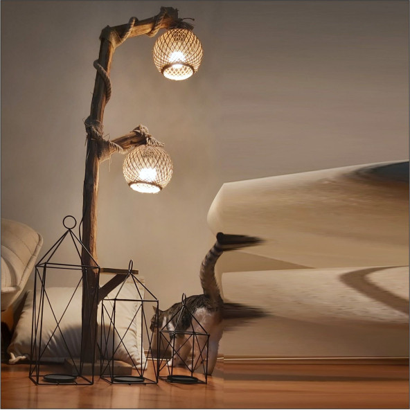 Uzun Doğal Ahşap 140 cm 2 li Küre Karpuz Ledli Ampullü Standart Duylu Sehpalı Aplik Lambader Abajur - 2