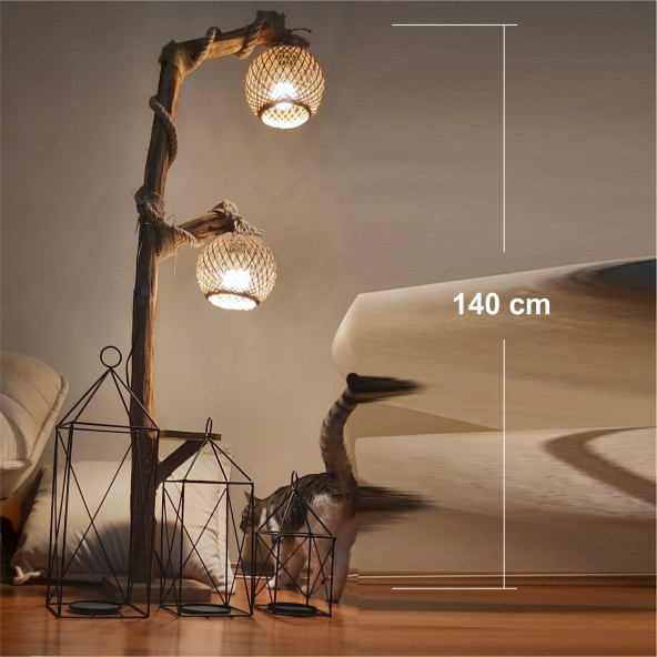 Uzun Doğal Ahşap 140 cm 2 li Küre Karpuz Ledli Ampullü Standart Duylu Sehpalı Aplik Lambader Abajur - 4