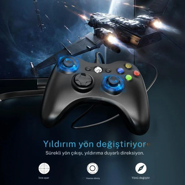 Cosmostech PLAY X PC , XBOX 360 Uyumlu Kablolu Wired Oyun Kolu Gamepad Controller Siyah - Resim 4