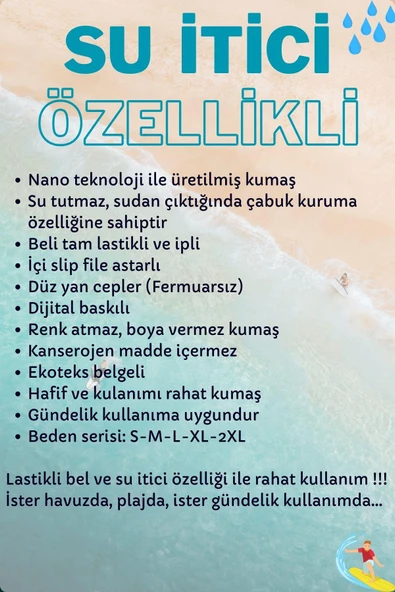 Su İtici Özellikli Dijital Baskılı Erkek Plaj Deniz Şort Mayo - D023-Beyaz - Resim 6