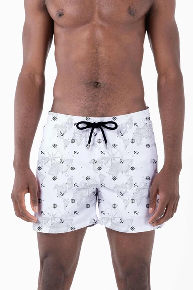 Su İtici Özellikli Dijital Baskılı Erkek Plaj Deniz Şort Mayo - D023-Beyaz - Resim 2